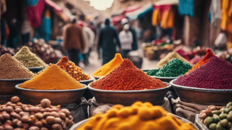 Colorful Moroccan souk with vibrant textiles, spices, and lanterns on display in a bustling traditional market